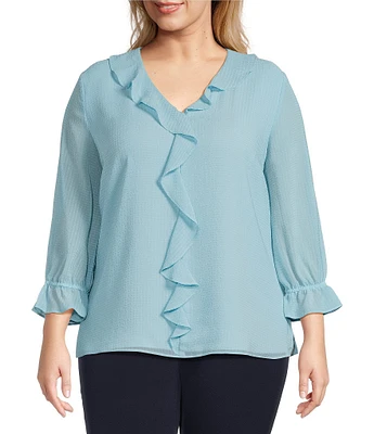 Investments Plus Size Riley Woven Cascading Ruffle V-Neck 3/4 Sleeve Top