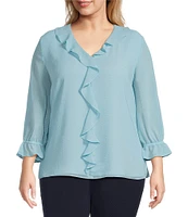 Investments Plus Size Riley Woven Cascading Ruffle V-Neck 3/4 Sleeve Top