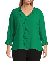 Investments Plus Size Riley Woven Cascading Ruffle V-Neck 3/4 Sleeve Top