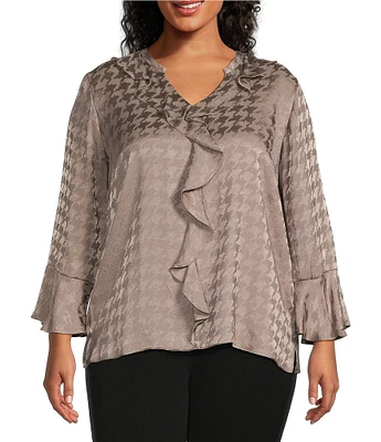 Investments Plus Size Riley Woven Cascading Ruffle Y-Neck Long Sleeve Top