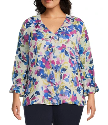 Investments Plus Size Riley Woven Painted Garden Cascading Ruffle V-Neck 3/4 Sleeve Top