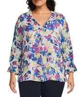 Investments Plus Size Riley Woven Painted Garden Cascading Ruffle V-Neck 3/4 Sleeve Top