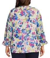 Investments Plus Size Riley Woven Painted Garden Cascading Ruffle V-Neck 3/4 Sleeve Top