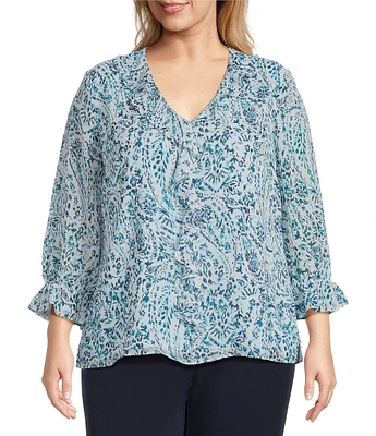 Investments Plus Size Riley Woven Soft Blue Paisley Cascading Ruffle V-Neck 3/4 Sleeve Top