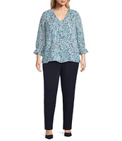 Investments Plus Size Riley Woven Soft Blue Paisley Cascading Ruffle V-Neck 3/4 Sleeve Top