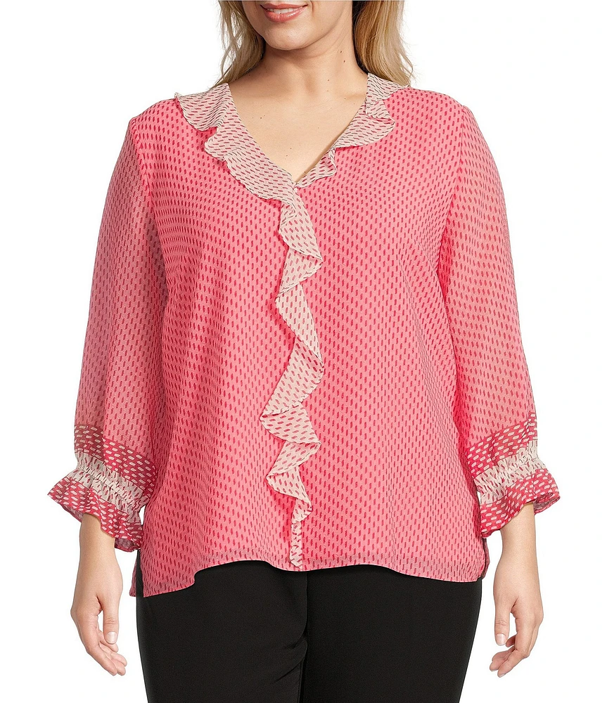 Investments Plus Size Riley Woven Strawberry Pink Dash Border Cascading Ruffle V-Neck 3/4 Sleeve Top