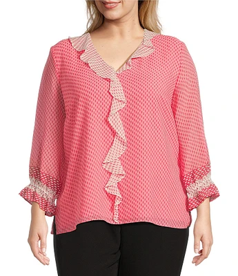 Investments Plus Size Riley Woven Strawberry Pink Dash Border Cascading Ruffle V-Neck 3/4 Sleeve Top