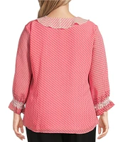 Investments Plus Size Riley Woven Strawberry Pink Dash Border Cascading Ruffle V-Neck 3/4 Sleeve Top