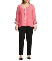 Investments Plus Size Riley Woven Strawberry Pink Dash Border Cascading Ruffle V-Neck 3/4 Sleeve Top
