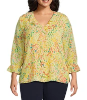 Investments Plus Size Riley Woven Sunshine Clustered Buds Cascading Ruffle V-Neck 3/4 Sleeve Top