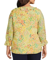 Investments Plus Size Riley Woven Sunshine Clustered Buds Cascading Ruffle V-Neck 3/4 Sleeve Top