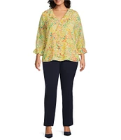 Investments Plus Size Riley Woven Sunshine Clustered Buds Cascading Ruffle V-Neck 3/4 Sleeve Top