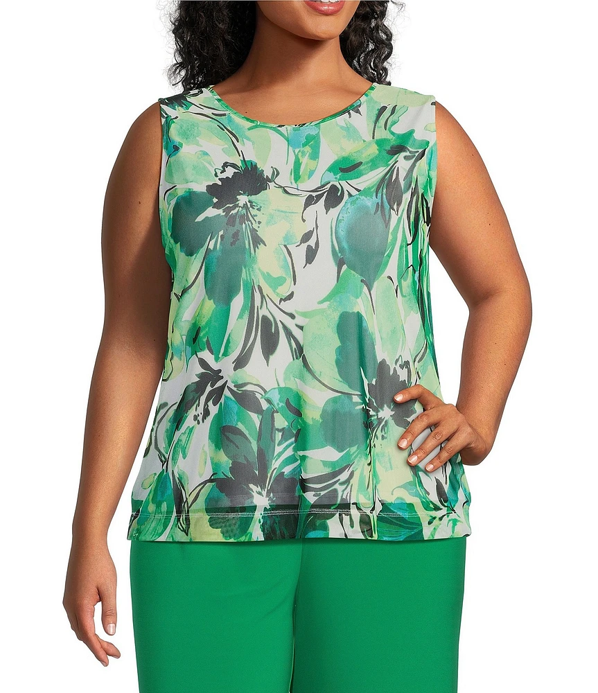 Investments Plus Size Soft Separates Abstract Floral Mesh Crew Neck Tank Top