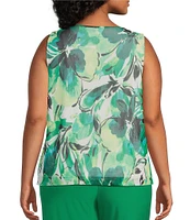 Investments Plus Size Soft Separates Abstract Floral Mesh Crew Neck Tank Top