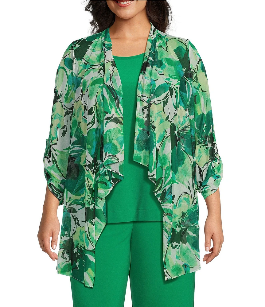 Investments Plus Size Soft Separates Abstract Floral Mesh Open Drape Front Long Roll-Tab Sleeve Coordinating Cardigan
