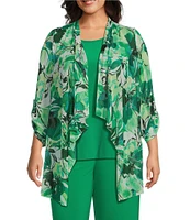 Investments Plus Size Soft Separates Abstract Floral Mesh Open Drape Front Long Roll-Tab Sleeve Coordinating Cardigan