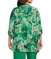 Investments Plus Size Soft Separates Abstract Floral Mesh Open Drape Front Long Roll-Tab Sleeve Coordinating Cardigan