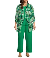 Investments Plus Size Soft Separates Abstract Floral Mesh Open Drape Front Long Roll-Tab Sleeve Coordinating Cardigan