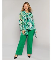 Investments Plus Size Soft Separates Abstract Floral Mesh Open Drape Front Long Roll-Tab Sleeve Coordinating Cardigan