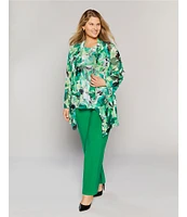 Investments Plus Size Soft Separates Abstract Floral Mesh Open Drape Front Long Roll-Tab Sleeve Coordinating Cardigan