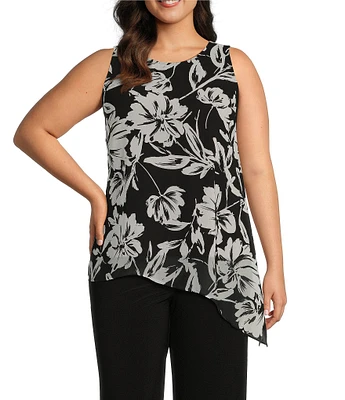 Investments Plus Size Soft Separates Floral Gestures Print Crew Neck Asymmetrical Hem Tank Top