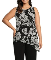 Investments Plus Size Soft Separates Floral Gestures Print Crew Neck Asymmetrical Hem Tank Top