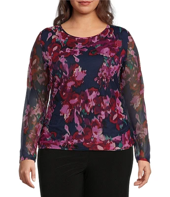 Investments Plus Size Soft Separates Floral Mesh Long Sleeve Crew Neck Top