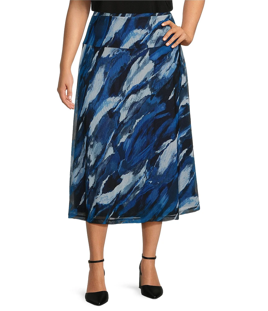 Investments Plus Size Soft Separates Mesh A-Line Drop Waist Pull-On Marble Print Coordinating Midi Skirt