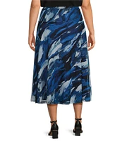 Investments Plus Size Soft Separates Mesh A-Line Drop Waist Pull-On Marble Print Coordinating Midi Skirt