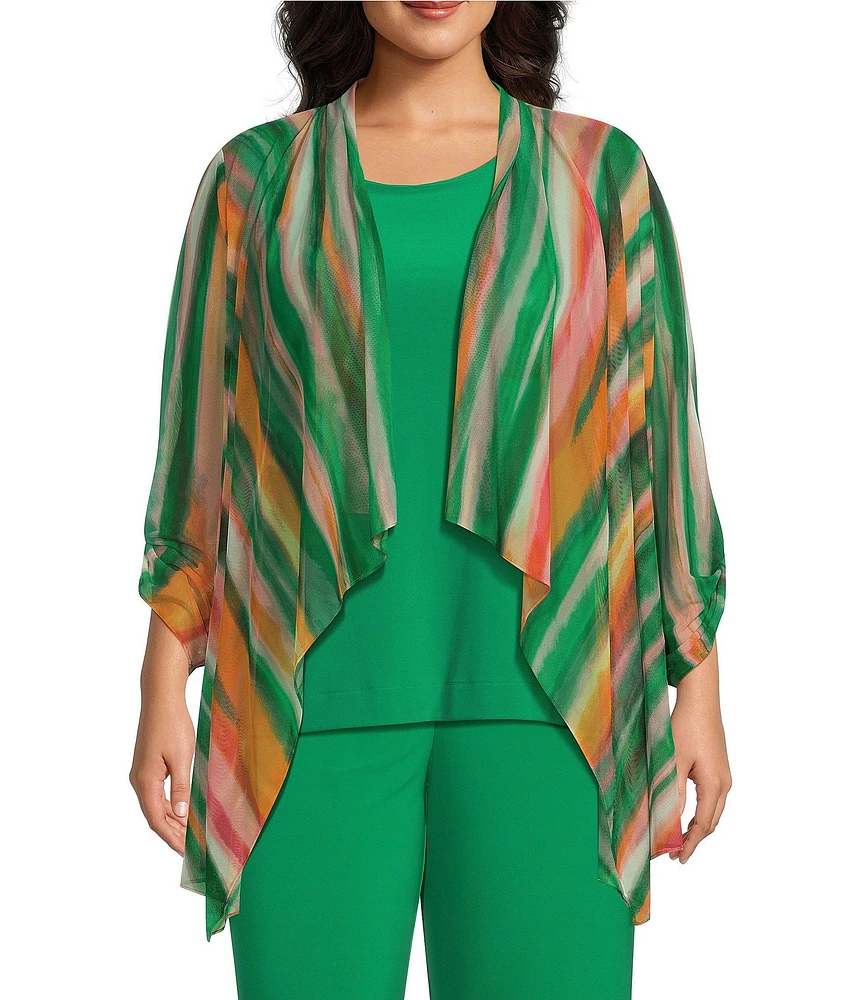 Investments Plus Size Soft Separates Mesh Open Drape Front Long Roll-Tab Sleeve Coordinating Cardigan