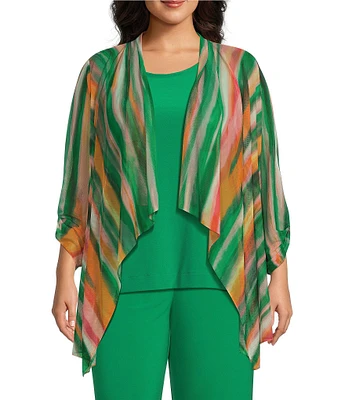 Investments Plus Size Soft Separates Mesh Open Drape Front Long Roll-Tab Sleeve Coordinating Cardigan