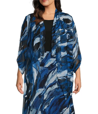 Investments Plus Size Soft Separates Mesh Open Drape Front Long Roll-Tab Sleeve Marble Print Coordinating Cardigan