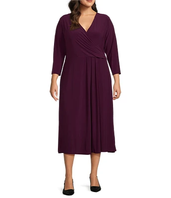 Investments Plus Size Soft Separates Surplice V-Neck 3/4 Sleeve Faux Wrap Midi Dress