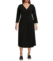 Investments Plus Size Soft Separates V-Neck 3/4 Sleeve Faux Wrap Midi Dress