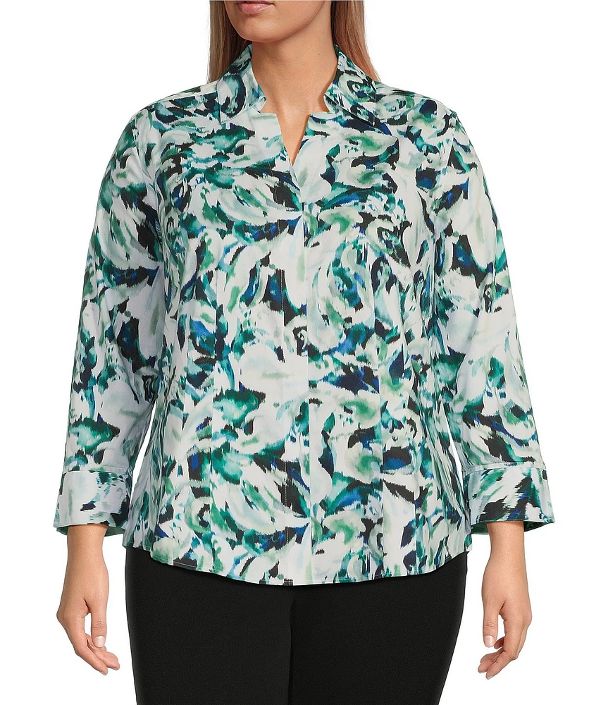 Investments Plus Size Taylor Gold Label Non-Iron Blue Green Blur 3/4 Sleeve Button Front Shirt
