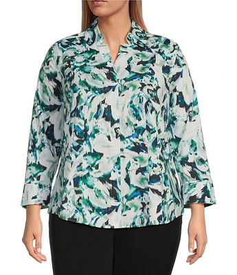 Investments Plus Size Taylor Gold Label Non-Iron Blue Green Blur 3/4 Sleeve Button Front Shirt