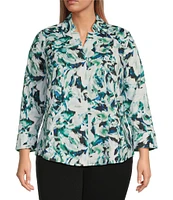 Investments Plus Size Taylor Gold Label Non-Iron Blue Green Blur 3/4 Sleeve Button Front Shirt
