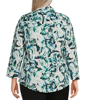 Investments Plus Size Taylor Gold Label Non-Iron Blue Green Blur 3/4 Sleeve Button Front Shirt