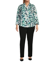 Investments Plus Size Taylor Gold Label Non-Iron Blue Green Blur 3/4 Sleeve Button Front Shirt