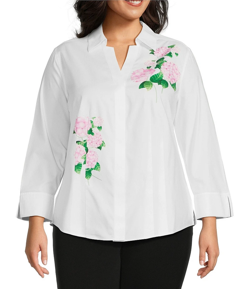 Investments Plus Size Taylor Gold Label Non-Iron Hydrangea 3/4 Sleeve Button Front Shirt