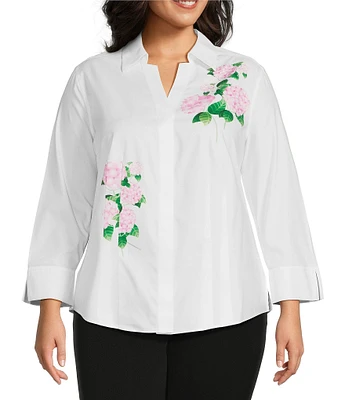Investments Plus Size Taylor Gold Label Non-Iron Hydrangea 3/4 Sleeve Button Front Shirt
