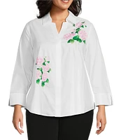 Investments Plus Size Taylor Gold Label Non-Iron Hydrangea 3/4 Sleeve Button Front Shirt