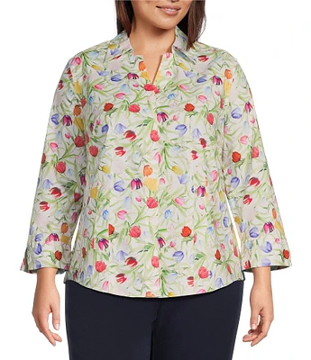 Investments Plus Size Taylor Gold Label Non-Iron Tulip Garden 3/4 Sleeve Button Front Shirt
