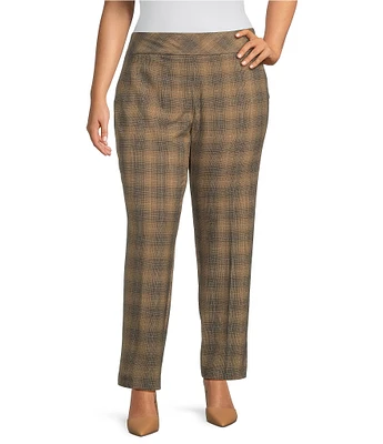 Investments Plus Size the PARK AVE fit Stretch Tummy Control Front Pocketed Plaid Straight Leg Pants