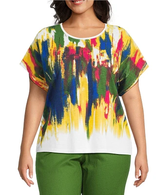 Investments Plus Size Watercolor Multi Short Sleeve Embellished Novelty Crew Neck Top
