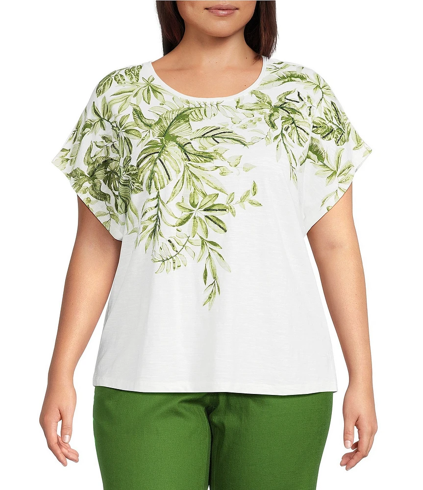 Investments Plus Size Wispy Leaf Short Sleeve Embellished Novelty Crew Neck Top