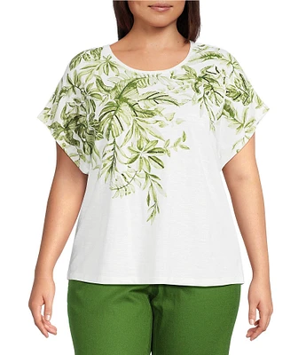 Investments Plus Size Wispy Leaf Short Sleeve Embellished Novelty Crew Neck Top