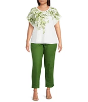Investments Plus Size Wispy Leaf Short Sleeve Embellished Novelty Crew Neck Top