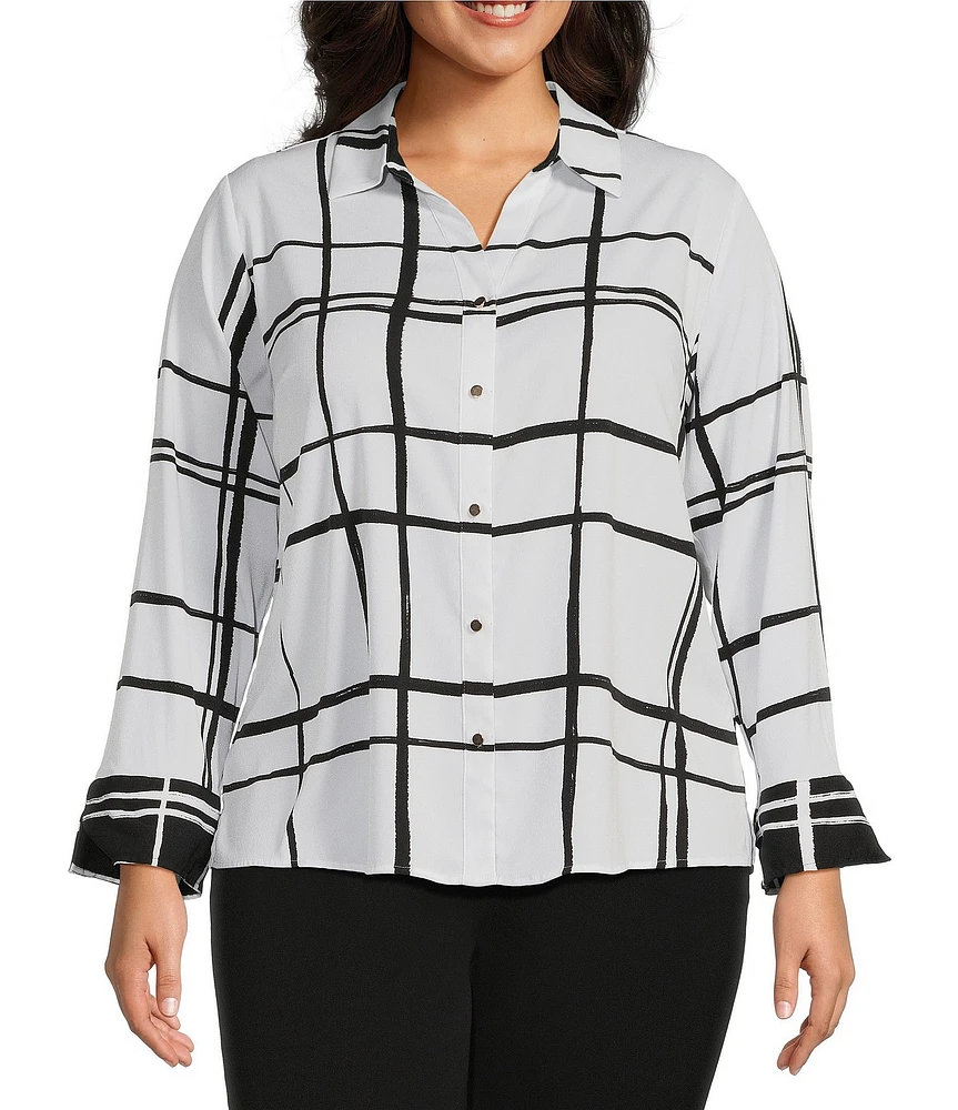 Investments Plus Size Woven Blocked Plaid 3/4 Sleeve Point Collar Button Front Split Cuff Top