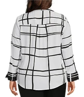 Investments Plus Size Woven Blocked Plaid 3/4 Sleeve Point Collar Button Front Split Cuff Top